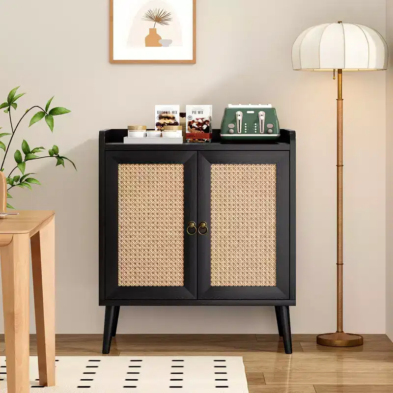 JVNOXK Sideboard Buffet Cabinet with Storage, Bar Liquor Cabinet with Rattan Decorated Doors, Credenza Console Tablefor -Black