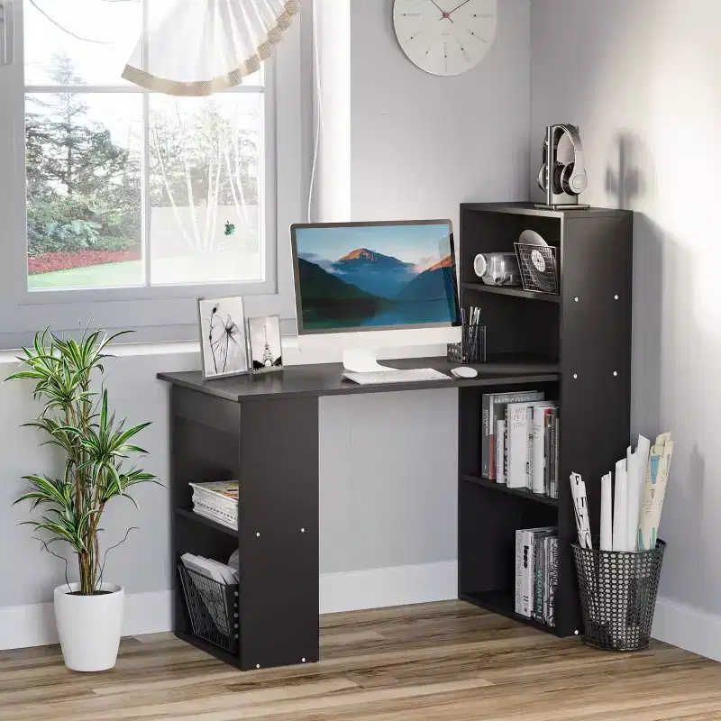 HOMCOM Modern Compact Computer Desk with 6-Tier Storage Shelves, Writing Table Workstation with Bookshelf for Home Office