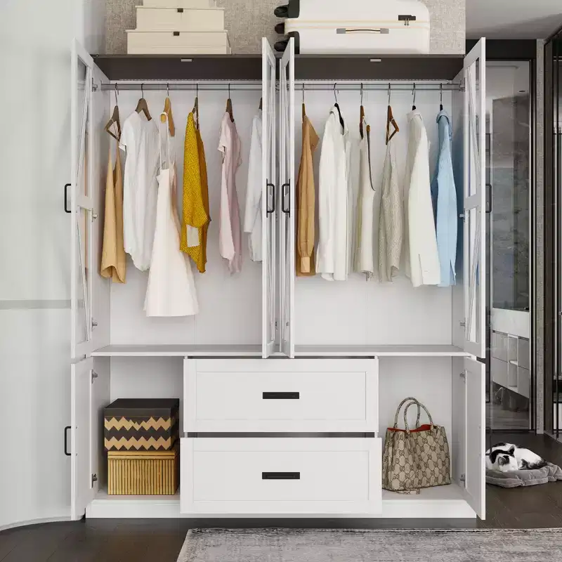 Farmhouse White 4-Door Wardrobe with 3-Color LED Lighting, Hanging Rod & Drawer Storage Armoire