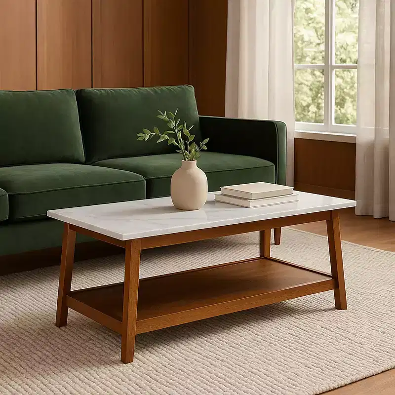 Teamson Home Kingston Coffee Table with Faux Marble Top and Storage Shelf, Walnut