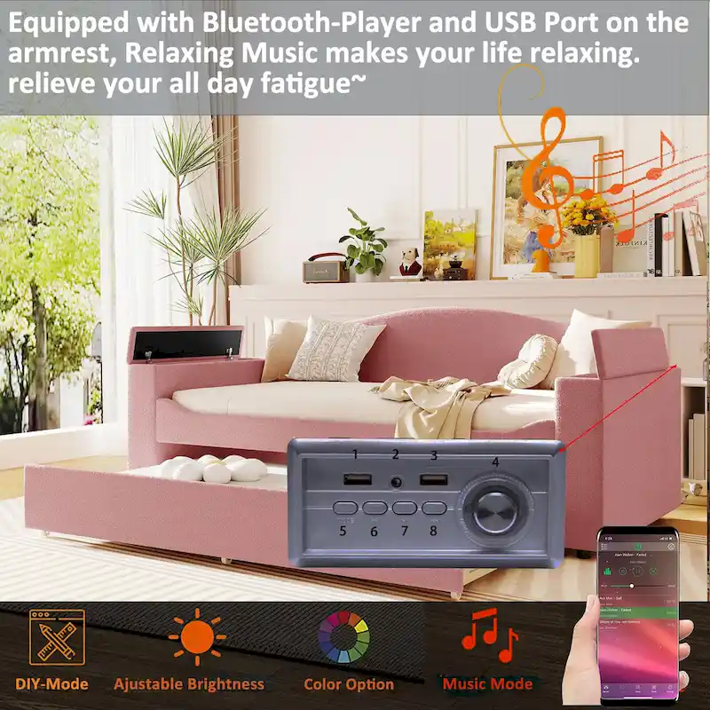 Twin Size Upholstered Daybed with Storage Armrests, Trundle and Integrated Bluetooth Audio System, Teddy Fleece, Gray