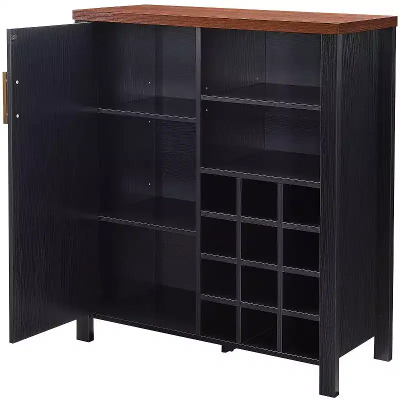 Farmhouse Sideboard Buffet Wine Bar Cabinet with 12-Bottle Rack & Gold Handle, Black & Walnut