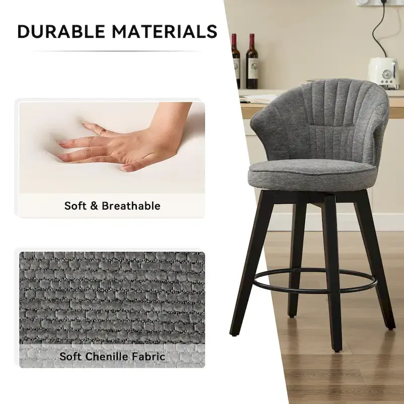 White / Blue / Dark Grey Swivel Bar Stools, Set of 2, Chenille Cushioned Counter Height Chairs with Metal Legs