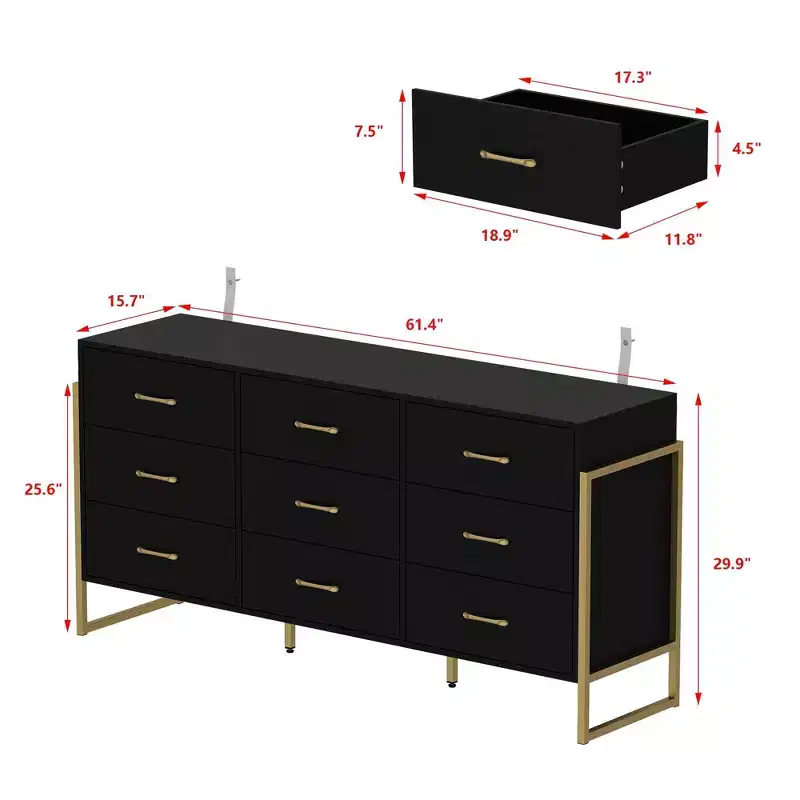 Hitow Modern Large 9 Drawer Dresser Metal Frame Design Chest of Drawers