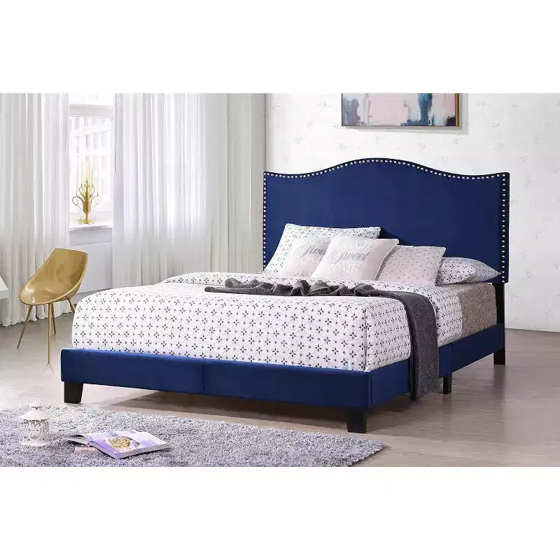 Kings Brand Furniture Clarno Blue Velvet Nailhead Trim Upholstered Bed