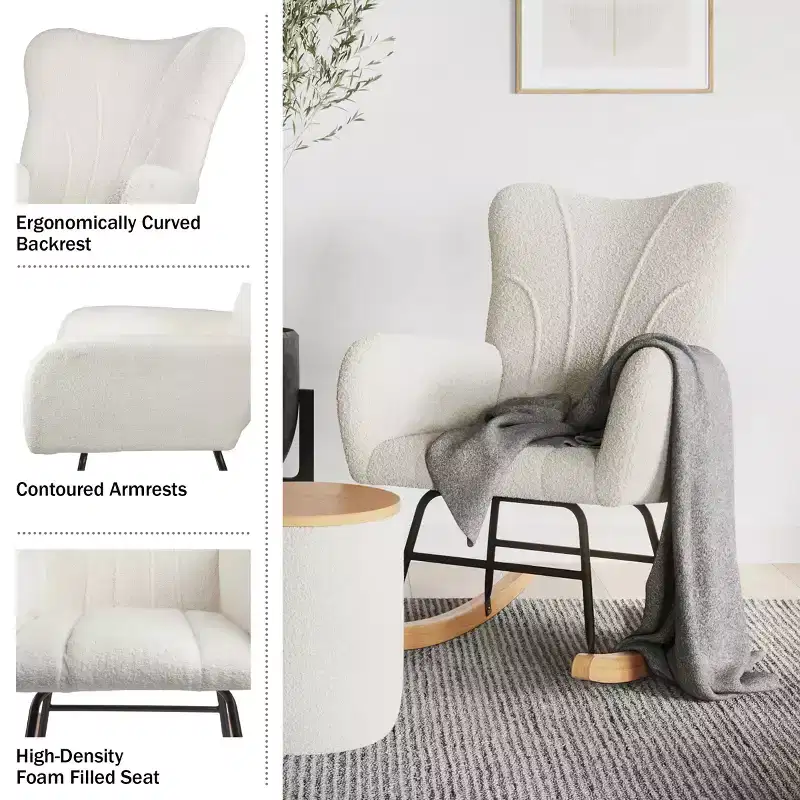 Rocking Chair Teddy Fabric Upholstered Chair Ergonomic Modern Rocker