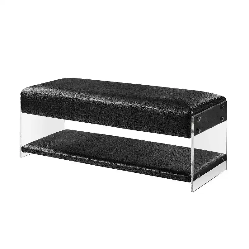 PU Leather Bench with Acrylic Legs & Bottom Shelf – Croc Embossed, Multi-Use