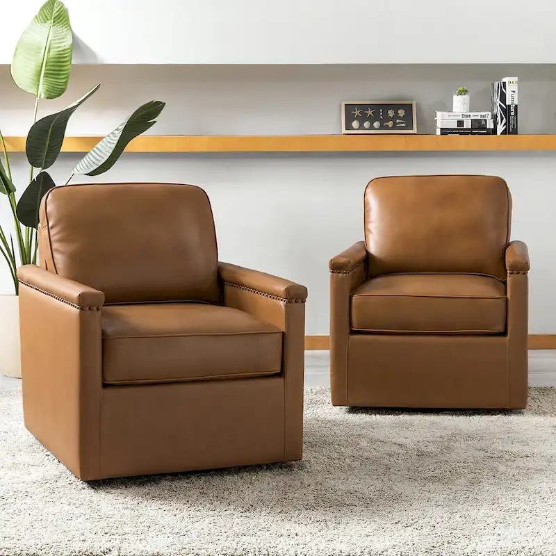 Classic Genuine Leather Swivel Armchair With Nailhead Trims Set Of 2
