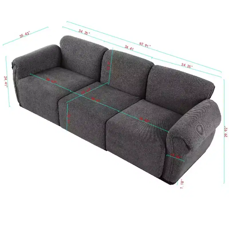 GDFStudio Khalid Modern 93 3-Seater Wood and Iron Chenille Upholstered Sectional Sofa with Split Backrest