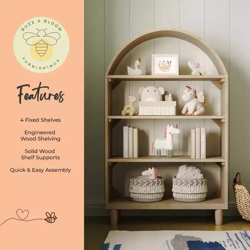 Buzz & Bloom Wood Open Bookshelf with Covered Rounded Top, 4 Shelves, and Cylindrical Legs