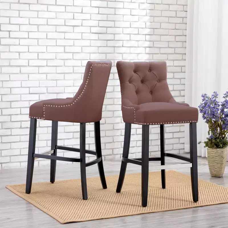 WestinTrends 29 Linen Tufted Buttons Upholstered Wingback Bar Stool (Set of 2), Brown