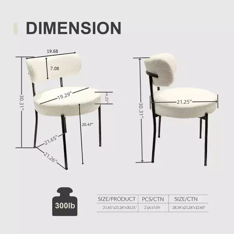 Mid-Century Modern Dining Chairs Set of 2, Round Upholstered with Curved Back & Metal Legs, Boucle Kitchen Dining Room Side Chairs
