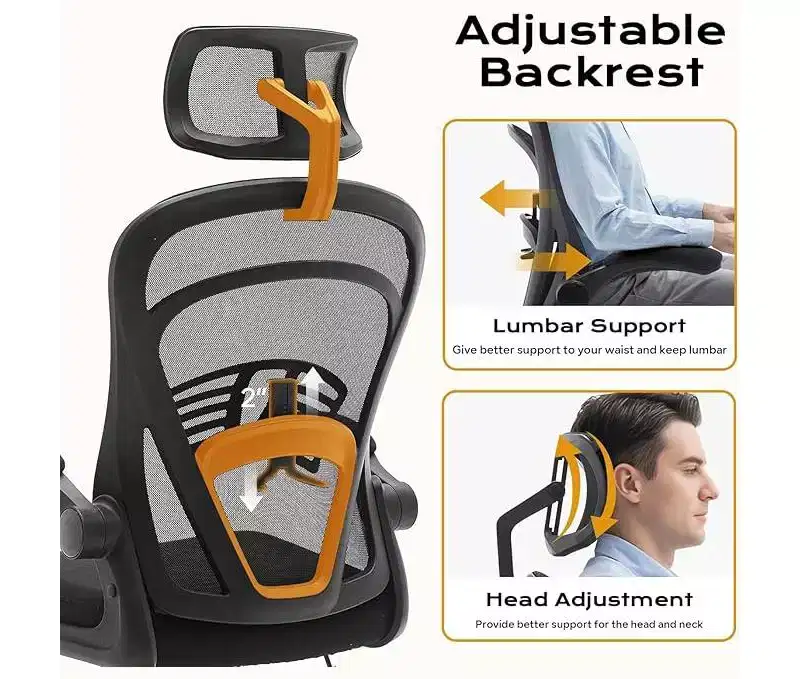 Ergonomic High-Back Mesh Office Chair  Turn-Up Armrests, Headrest, Wheels  300 lbs Capacity, Swivel Executive Computer Desk Chair