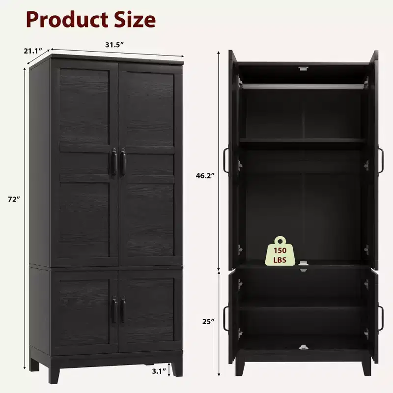 4-Door Wooden Armoire, 72 Tall Wardrobe Closet with Hanging Rod & Adjustable Shelves, Freestanding Clothing Storage Cabinet for Bedroom
