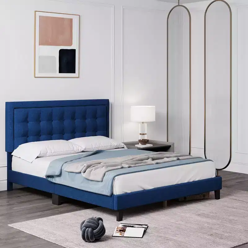 Wood Slat Support Bed Frame with Adjustable Height Headboard – Button Tufted Upholstered