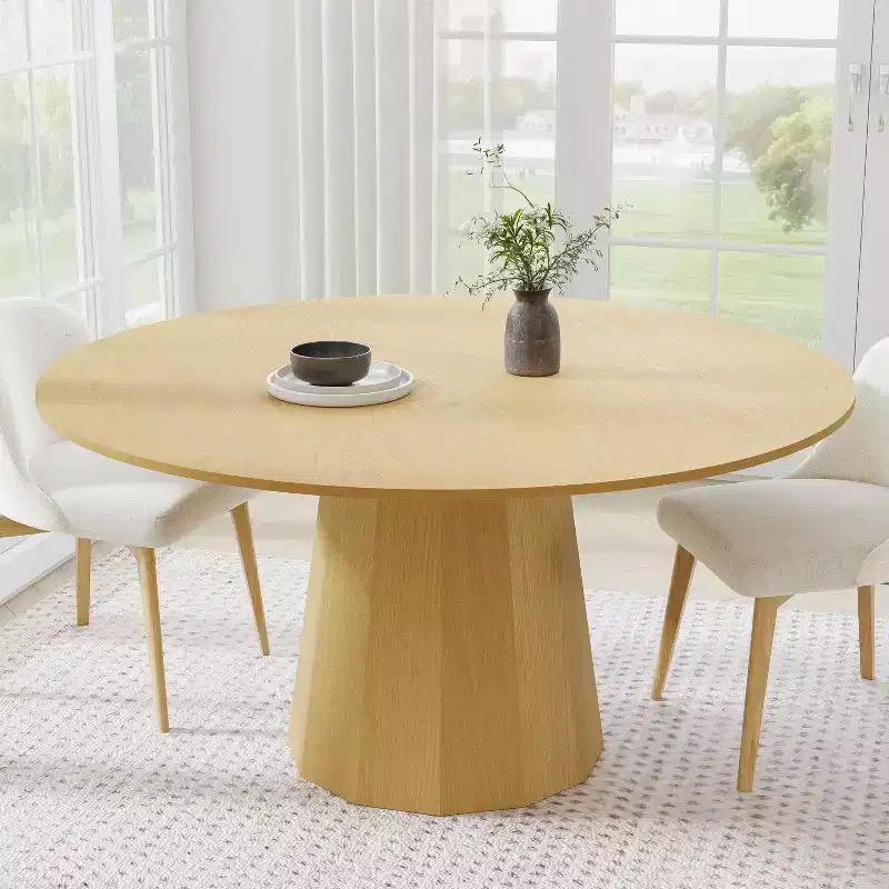 Solid Wood Round Dining Table with Tapered Pedestal Base, Seats 6–8 – 60