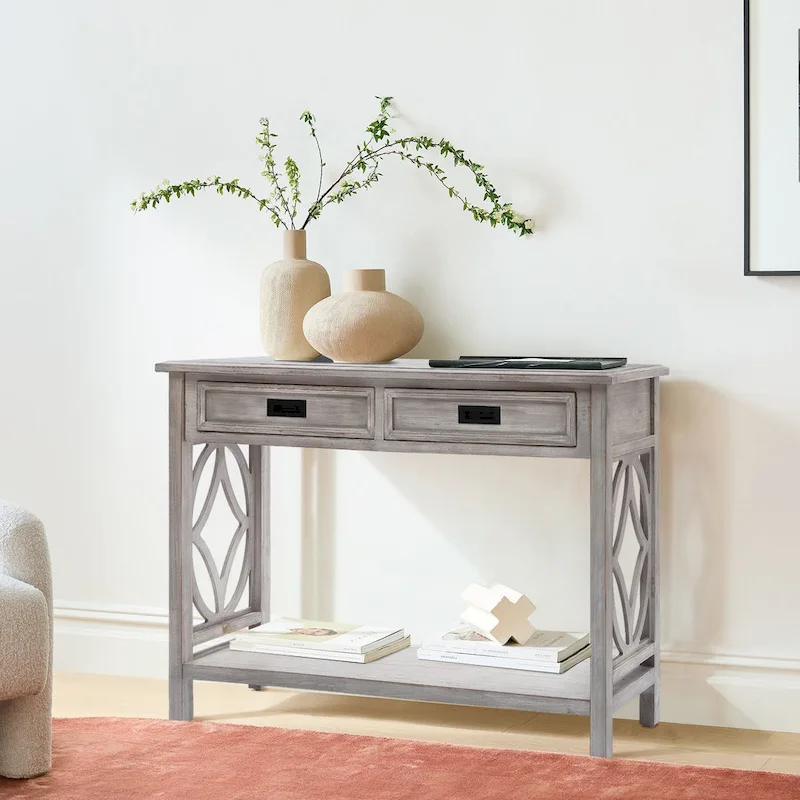 2-Drawer 1-Shelf Console Table, Grey Washed Wood, 32.7