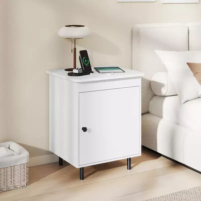 Nightstand, Mid Century Modern End Table with Door, Heavy-Duty Metal Legs for Bedroom