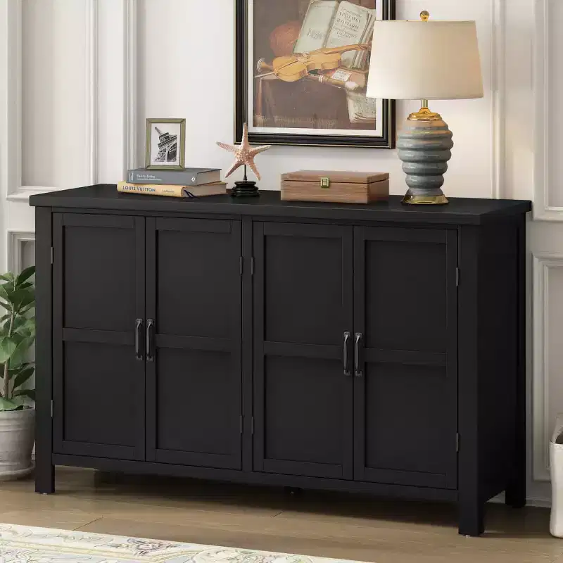 4-Door Sideboard Storage Cabinet with Adjustable Shelves, Retro Dining Room Buffet Cabinet with Pinewood Legs - Panipeachy