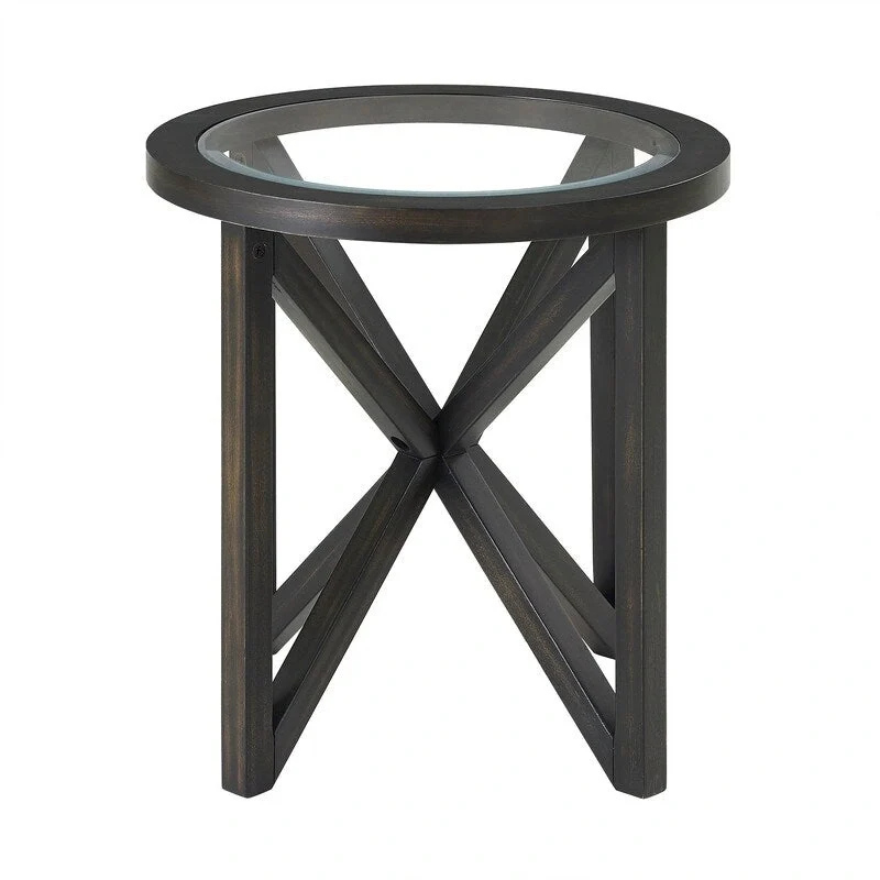 Modern simple glass coffee table, tempered glass coffee table solid wood base round transparent glass top