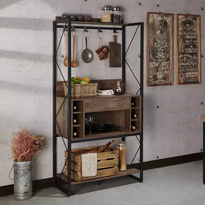 Orella Rustic Baker's Rack Reclaimed Oak - Industrial Style, 3 Fixed Shelves, Metal Frame, 67