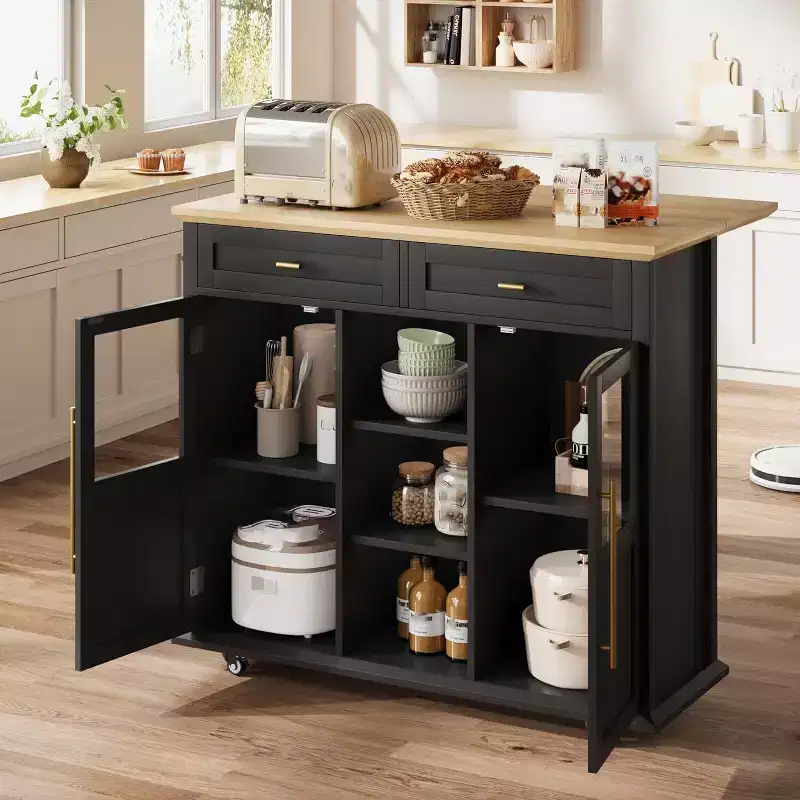 Coolmee Rolling Kitchen Island with Drop Leaf, Island Cart with Storage, Microwave Cart on Wheels, Table Bar Cart for Kitchen with Towel Rack