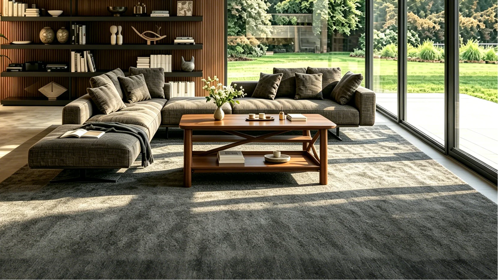 Rectangular Wood Coffee Table, Walnut Brown Finish with Lower Shelf and Crisscross Panels