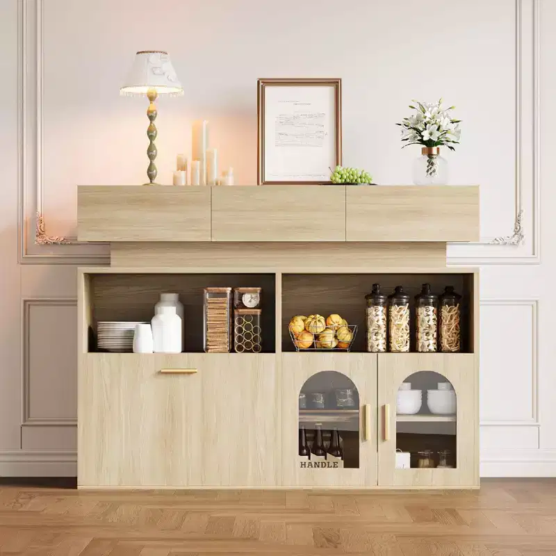 COZONY 55 Coffee Bar Cabinet with 3 Drawers & Charging Station, Kitchen Sideboard Buffet with Adjustable Shelf