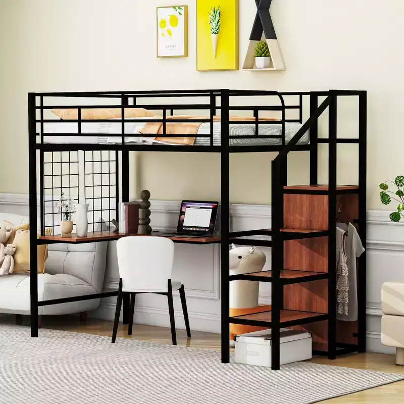 Bellemave Twin Size Metal Loft Bed with Desk and Metal Grid, Stylish Metal Frame Bed with Lateral Storage Ladder and Wardrobe, Black