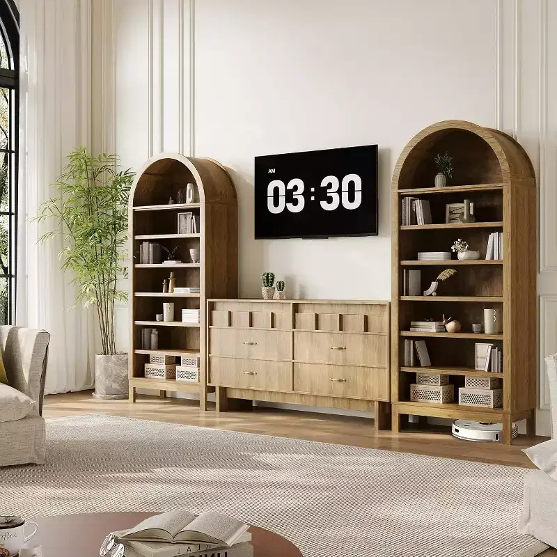 Modern Arched Bookcase  71 Tall Display Rack with 7 Adjustable Shelves  Wooden Freestanding Organizer for Living Room, Bedroom or Hallway