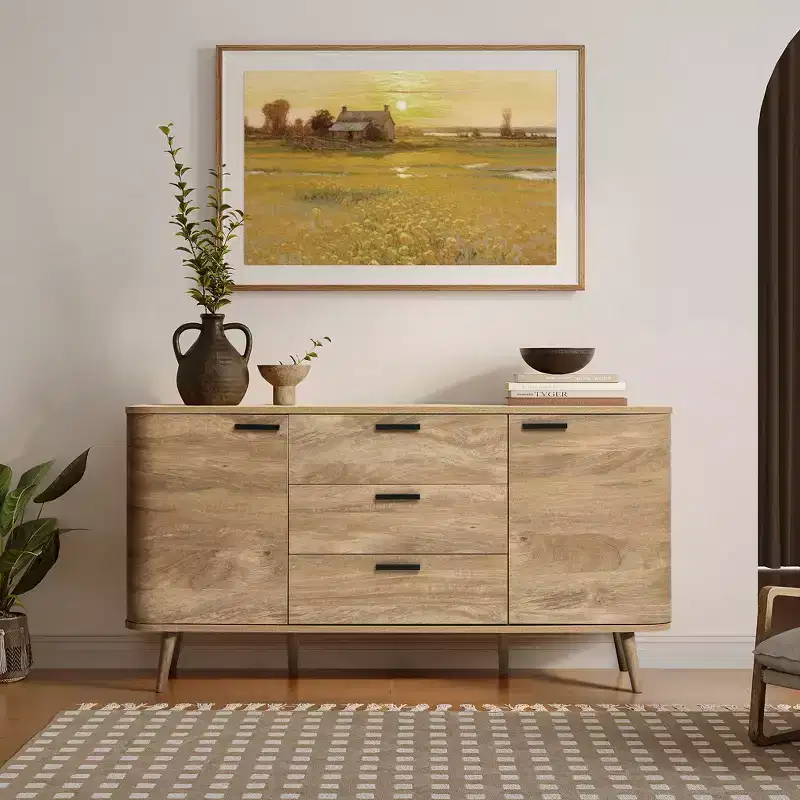 LuxenHome Sideboard Buffet Cabinet with Storage, 59'' Wide Natural Oak Manufactured Wood Accent Console Cabinet with 2-Door and 3-Drawer
