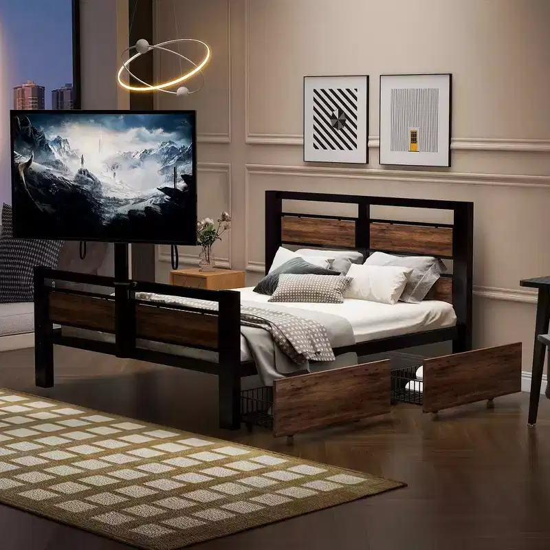 Metal Twin Size Platform Bed with Headboard, Footboard, Two Drawers and TV Stand Black