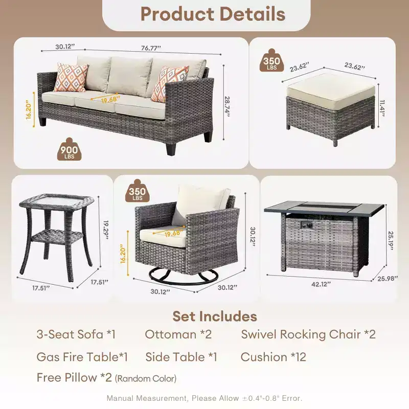 HOMLUX 7-Pc Outdoor Patio Set with Fire Pit Table, Sofa, Swivel Chairs & Ottoman