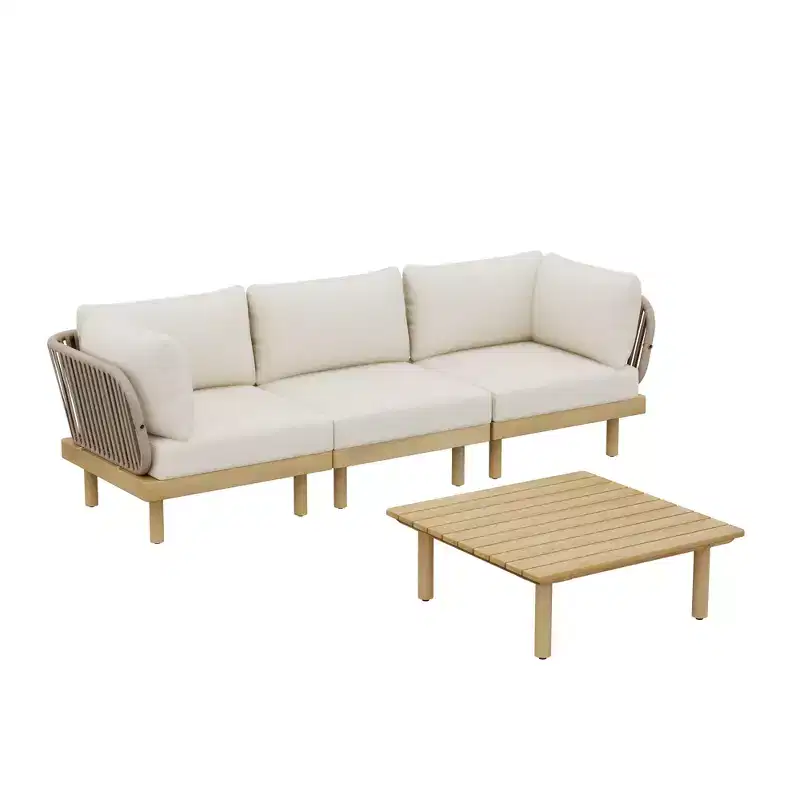 Christopher Knight Home Mason Patio Modern 4-Piece Acacia Wood and Rope Modular Sectional Sofa Seating Set with Cushions
