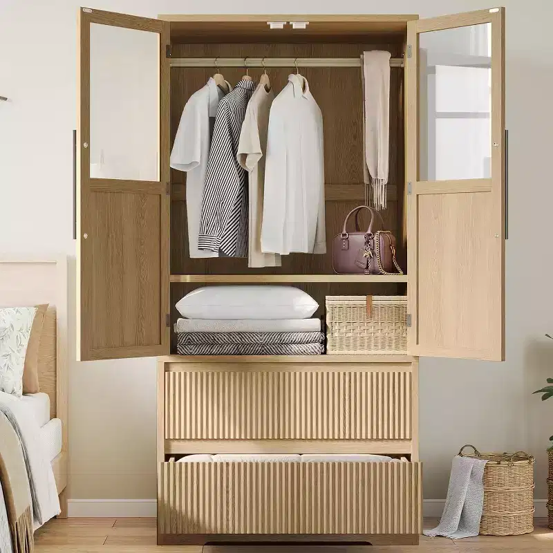 Bedroom Wooden Large Armoire Wardrobe Closet, with Glass Doors and 2 Drawers, Shelves & Hanging Rod for Bedroom, Cloak Room
