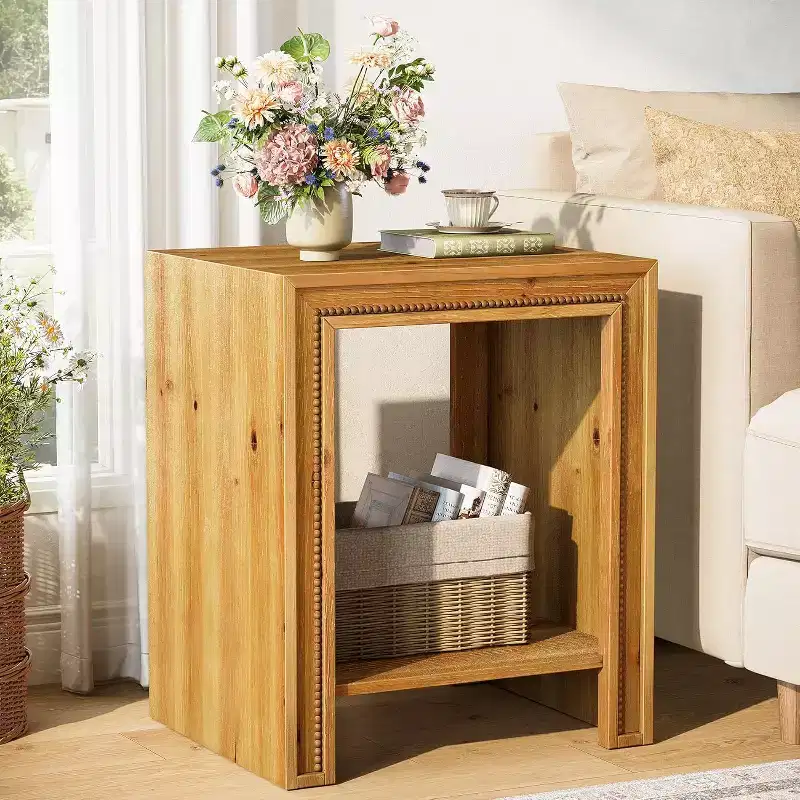 Lantine Solid Wood End Table, 2-Tier Farmhouse Side Table with Storage Shelves for Small Spaces, Living Room, Brown
