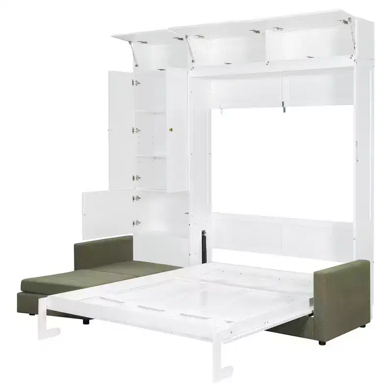 Queen Murphy Wall Bed with Beige Sofa and Shelves, Green Panel