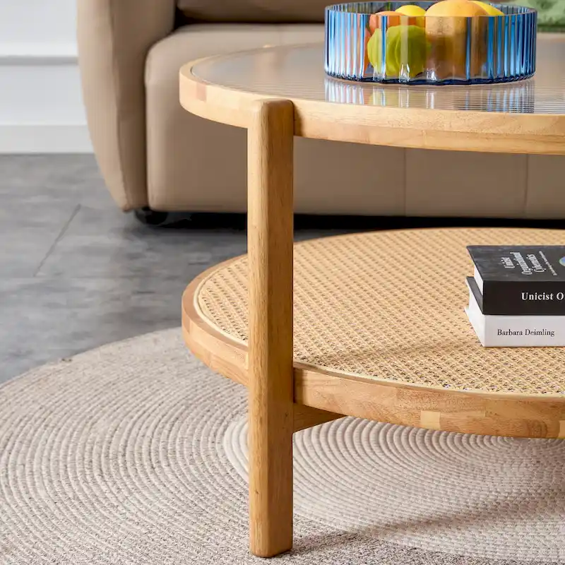 Circular double-layer solid wood tea table