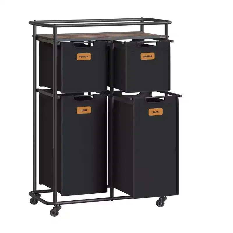 VASAGLE Laundry Sorter, Laundry Basket with Wheels, 39.6 Gal. (150 L) Rolling Laundry Hamper, Portable Laundry Cart,Ink Black