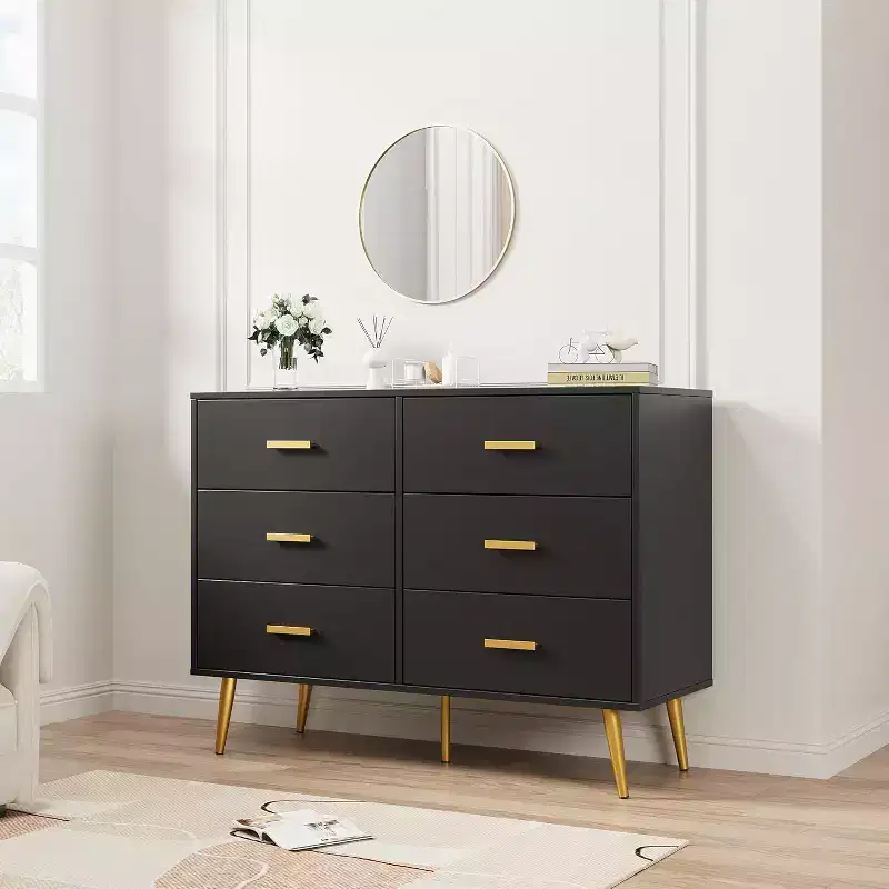 Acekool 6 Drawer Dresser, Modern Chest with Gold Handles and Legs, Storage Cabinet for Bedroom or Living Room
