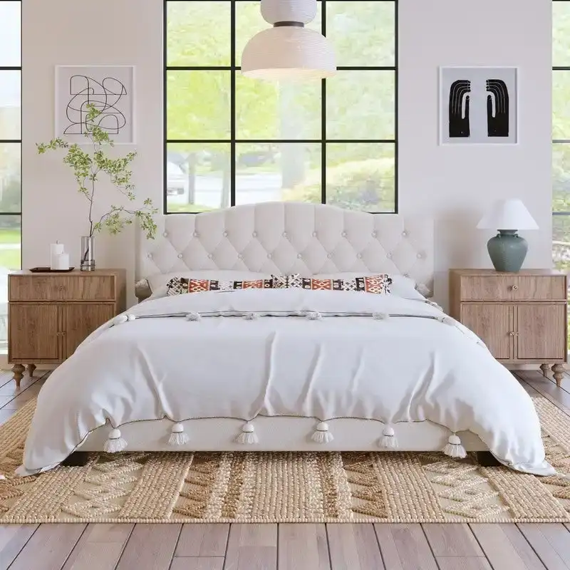 Beige Tufted Linen Platform Bed with Headboard, King, 1-Person