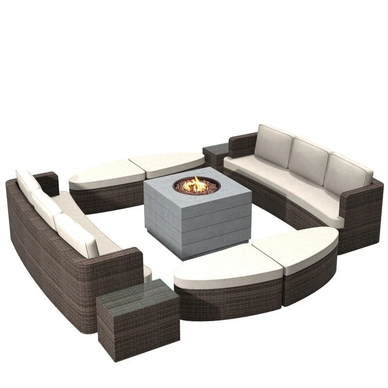9-piece Patio Wicker Daybed Set with Concrete Fire Pit Table