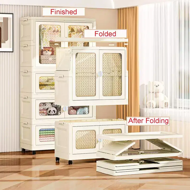 Stackable Storage Dog Closet with Lid for Living RoomCollapsible Storage Bins with Wheels,2 Tier Wardrobe Closet with Transparent Doors