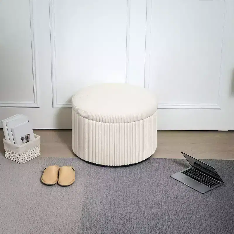 Storage Ottoman with Lid, 24 Inches Round Pouf Ottoman with Storage, Upholstered Corduroy Foot Rest Stool for Living Room, Bedroom
