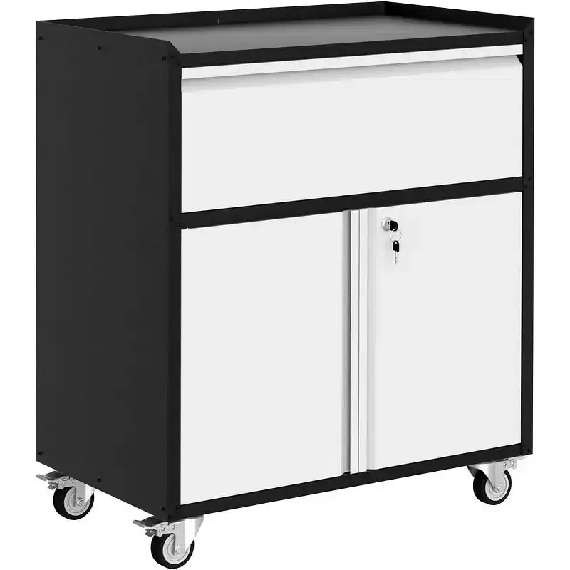 Acekool Rolling Garage Storage Cabinet, Metal Tool Cabinet with Drawer, Adjustable Shelf, Lockable Doors & 4 Wheels, Tool Cart for Workshop & Office