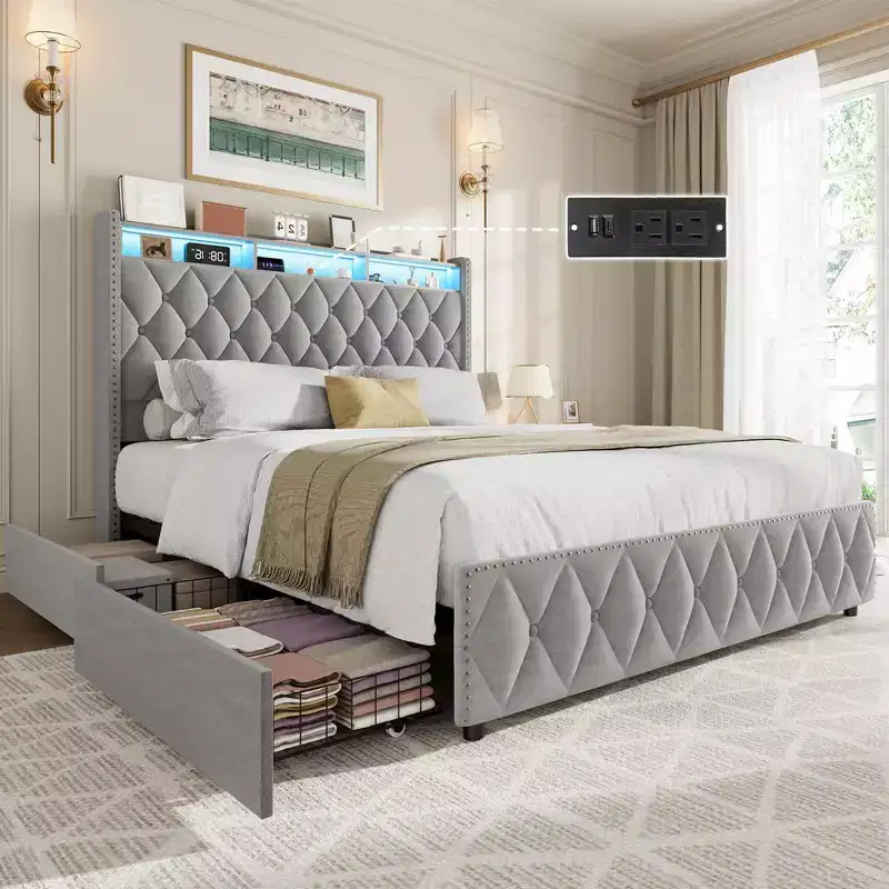 GustoWave Velvet Upholstered Bed Frame with 50.8 Tall Headboard, USB Charging Station, Led Lights