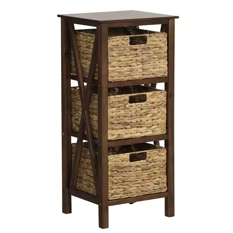 Costway 1/2 PCS 3-Tier Nightstand with 3 Seagrass Baskets Rubber Wood X-Shaped Frames 3 Drawers