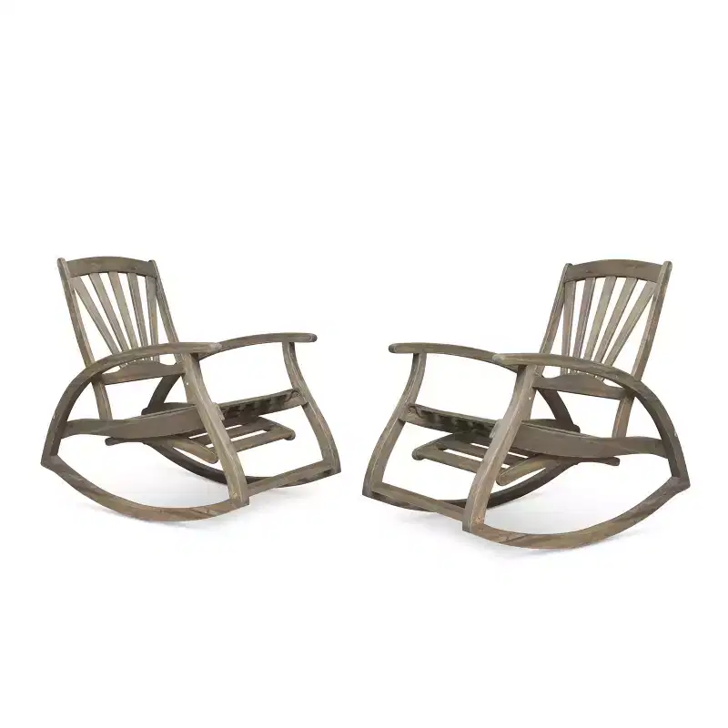 GDFStudio Dora Acacia Wood Rocking Chair with Retractable Footrest and Slatted Design(Set of 2)