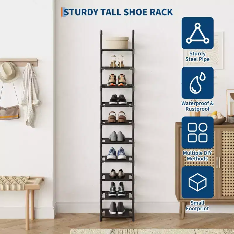10-Tier Narrow Shoe Rack Organizer, Space-Saving Vertical Shoe Shelf with Metal Frame & Fabric Shelves for Entryway or Bedroom, Black