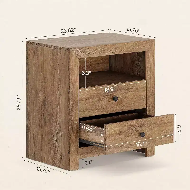 Lantine Farmhouse NightStand with 2 Drawers Storage, Mid-Century Retro End Table, Wide Bedside Night Stand for Bedroom, Easy Assembly